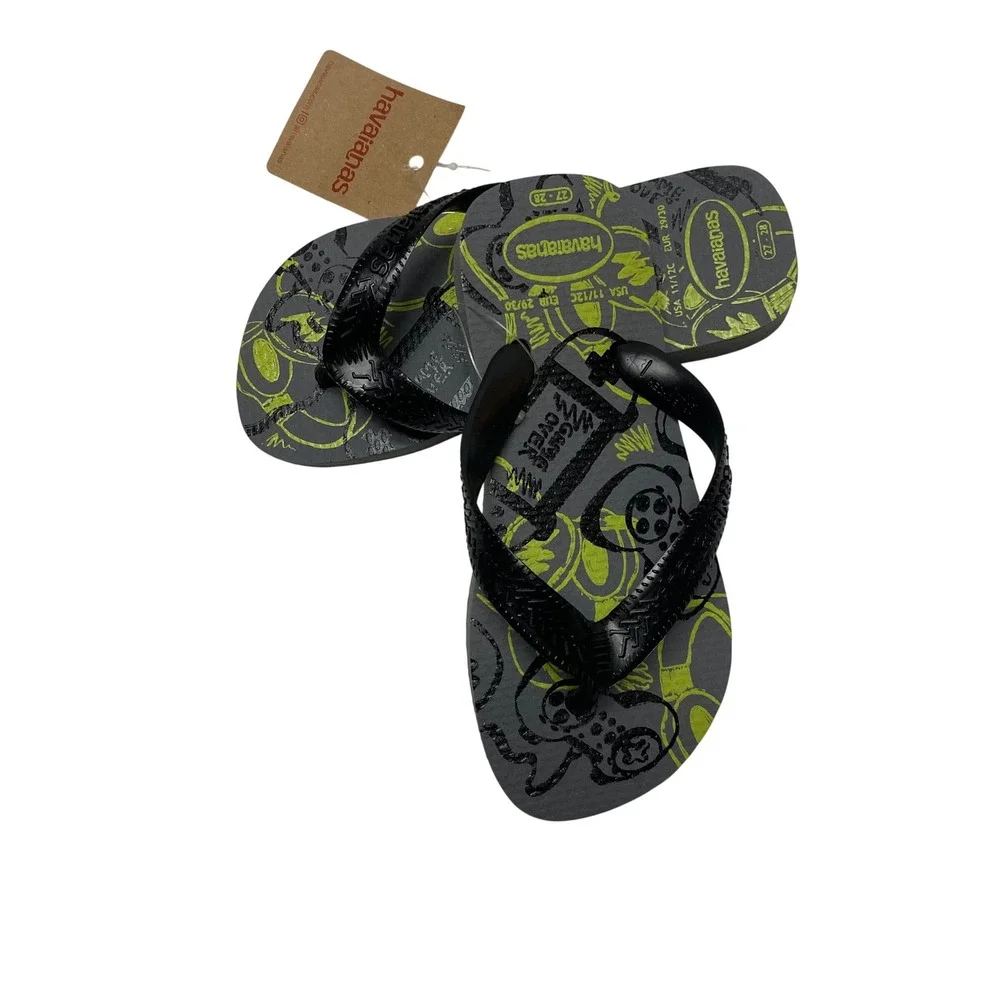 Havaianas Kids Game Over Flip Flops Grey Lime Green‎ Game Sandals 11/12C NWT
